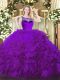 Modest Eggplant Purple Fabric With Rolling Flowers Zipper Ball Gown Prom Dress Sleeveless Floor Length Beading