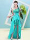 Custom Fit A-line Evening Dress Aqua Blue One Shoulder Elastic Woven Satin and Sequined Sleeveless High Low Lace Up