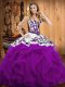 Modern Sleeveless Floor Length Embroidery and Ruffles Lace Up 15th Birthday Dress with Eggplant Purple