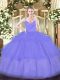 Best Lavender Organza Zipper Spaghetti Straps Sleeveless Floor Length Quince Ball Gowns Ruffled Layers