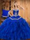 Graceful Blue Satin and Organza Lace Up Sweet 16 Quinceanera Dress Sleeveless Floor Length Embroidery and Ruffles