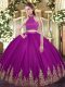 Noble Fuchsia Ball Gowns Tulle Halter Top Sleeveless Beading and Appliques Floor Length Backless Sweet 16 Dresses