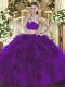 Pretty Eggplant Purple Two Pieces Tulle High-neck Sleeveless Beading and Ruffles Floor Length Backless Sweet 16 Dress