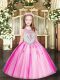 Floor Length Zipper Little Girls Pageant Gowns Fuchsia for Party and Quinceanera with Beading and Appliques