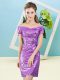 Eggplant Purple Short Sleeves Sequined Zipper Prom Gown for Prom and Party