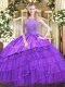 Lavender Zipper Halter Top Beading and Embroidery and Ruffled Layers Quinceanera Gowns Satin and Tulle Sleeveless