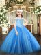 Sleeveless Tulle Floor Length Lace Up Pageant Gowns For Girls in Baby Blue with Beading