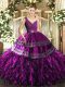 Comfortable Sleeveless Organza Floor Length Backless 15 Quinceanera Dress in Purple with Beading and Ruffles and Ruching