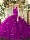 Fuchsia Ball Gowns Organza Scoop Sleeveless Ruffles Floor Length Clasp Handle 15th Birthday Dress