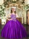 Purple Satin Lace Up Straps Sleeveless Floor Length Little Girls Pageant Dress Beading