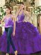 Sexy Purple Ball Gowns Straps Sleeveless Tulle Floor Length Lace Up Beading and Ruffles Quinceanera Dresses