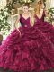 Dramatic Burgundy Ball Gowns V-neck Sleeveless Organza Floor Length Backless Beading and Ruffles Quinceanera Gown