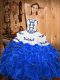 Nice Strapless Sleeveless Quinceanera Gowns Floor Length Embroidery and Ruffles Blue And White Satin and Organza