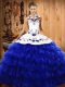 Simple Royal Blue Ball Gowns Organza Halter Top Sleeveless Embroidery and Ruffled Layers Floor Length Lace Up Vestidos de Quinceanera
