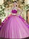 Tulle High-neck Sleeveless Backless Beading and Ruffles Quinceanera Gowns in Lilac