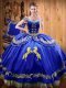 Ball Gowns Quince Ball Gowns Royal Blue Off The Shoulder Satin and Organza Sleeveless Floor Length Lace Up