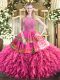 Fashion Hot Pink Tulle Zipper Halter Top Sleeveless Floor Length 15 Quinceanera Dress Beading and Ruffles and Sequins
