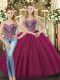 Floor Length Fuchsia 15th Birthday Dress Tulle Sleeveless Beading