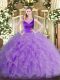 Custom Design Sleeveless Floor Length Beading and Ruffles Side Zipper 15th Birthday Dress with Lavender