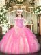 Rose Pink Ball Gowns Beading and Ruffles Pageant Gowns For Girls Lace Up Organza Sleeveless Floor Length