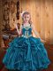 Teal Kids Pageant Dress Sweet 16 and Quinceanera with Embroidery and Ruffles Straps Sleeveless Lace Up