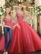 Coral Red Quinceanera Gown Military Ball and Sweet 16 and Quinceanera with Beading Straps Sleeveless Lace Up