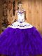 Colorful Satin and Organza Halter Top Sleeveless Lace Up Embroidery and Ruffles Quinceanera Gowns in Purple