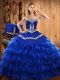 Sweet Blue Ball Gowns Satin and Organza Strapless Sleeveless Embroidery and Ruffled Layers Floor Length Lace Up Ball Gown Prom Dress
