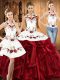 Adorable Sleeveless Floor Length Embroidery and Ruffles Lace Up 15th Birthday Dress with Wine Red