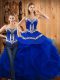 Blue Lace Up Sweetheart Embroidery and Ruffles Quince Ball Gowns Satin and Organza Sleeveless