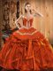 Superior Rust Red Satin and Organza Lace Up Sweetheart Sleeveless Floor Length Vestidos de Quinceanera Embroidery and Ruffles