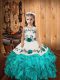 Custom Designed Aqua Blue Organza Lace Up Little Girls Pageant Gowns Sleeveless Floor Length Embroidery and Ruffles
