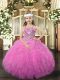 Best Rose Pink Straps Lace Up Beading and Ruffles Child Pageant Dress Sleeveless