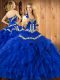 Low Price Sleeveless Satin and Organza Floor Length Lace Up Quinceanera Gowns in Blue with Embroidery and Ruffles