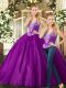Sleeveless Tulle Floor Length Lace Up Quince Ball Gowns in Purple with Beading