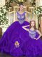 Exquisite Floor Length Eggplant Purple Ball Gown Prom Dress Tulle Sleeveless Beading and Ruffles