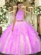 Lilac Two Pieces Halter Top Sleeveless Organza Floor Length Backless Beading and Ruffles Sweet 16 Dress