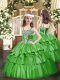 Green Organza Lace Up Little Girls Pageant Dress Sleeveless Floor Length Appliques and Ruffled Layers
