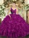 Ball Gowns Quinceanera Gowns Fuchsia V-neck Organza Sleeveless Floor Length Backless