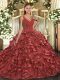 Dazzling Coral Red Ball Gowns V-neck Sleeveless Organza With Train Sweep Train Backless Ruffles Quinceanera Gown