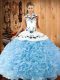 Baby Blue Ball Gowns Embroidery Quinceanera Dress Lace Up Fabric With Rolling Flowers Sleeveless Floor Length
