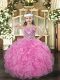 Rose Pink Straps Neckline Beading and Ruffles Pageant Gowns For Girls Sleeveless Lace Up