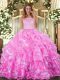 Rose Pink Sleeveless Floor Length Lace and Ruffled Layers Clasp Handle Ball Gown Prom Dress