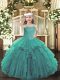 Sleeveless Tulle Floor Length Lace Up Pageant Dress in Turquoise with Beading and Ruffles