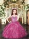 Hot Pink Pageant Dress Womens Party and Quinceanera with Beading and Ruffles Spaghetti Straps Sleeveless Lace Up