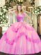 New Style Ball Gowns Quinceanera Dress Rose Pink V-neck Tulle Sleeveless Floor Length Zipper