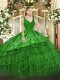 Popular Satin and Tulle Sleeveless Floor Length Ball Gown Prom Dress and Beading and Embroidery and Ruffled Layers