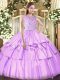 Excellent Lavender Ball Gowns Bateau Sleeveless Tulle Floor Length Zipper Beading and Ruffled Layers Quinceanera Dresses