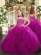 Fuchsia Ball Gowns Tulle Straps Sleeveless Beading and Ruffles Floor Length Lace Up Pageant Dress for Teens