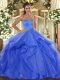 Elegant Blue Ball Gowns Beading and Ruffles Quince Ball Gowns Lace Up Tulle Sleeveless Floor Length
